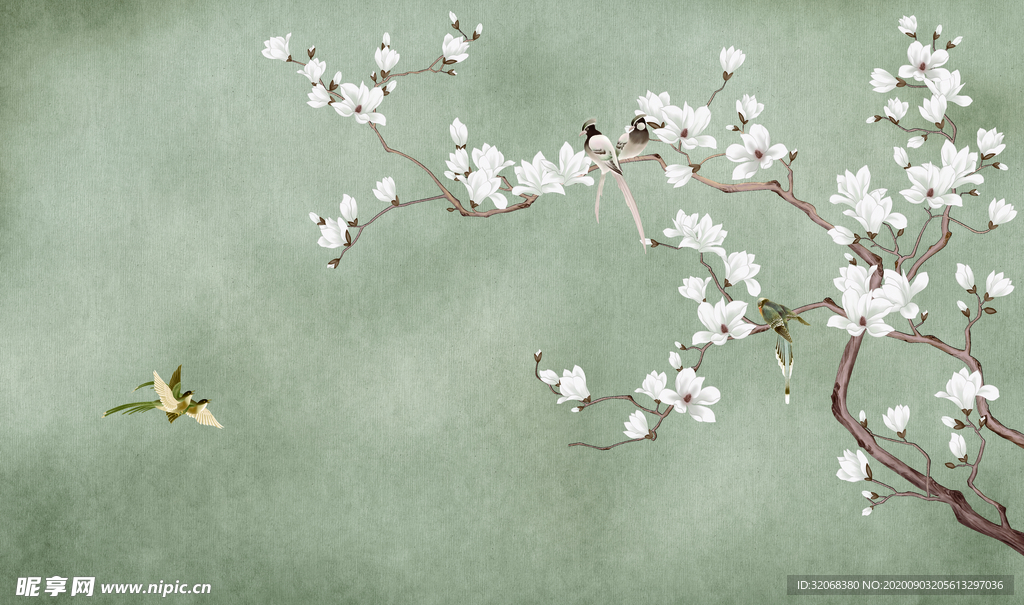 工笔花鸟背景墙装饰画