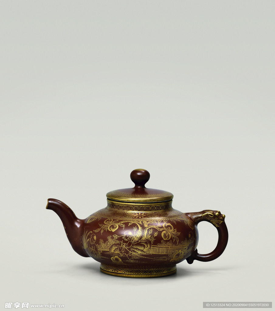 酱釉描金茶壶