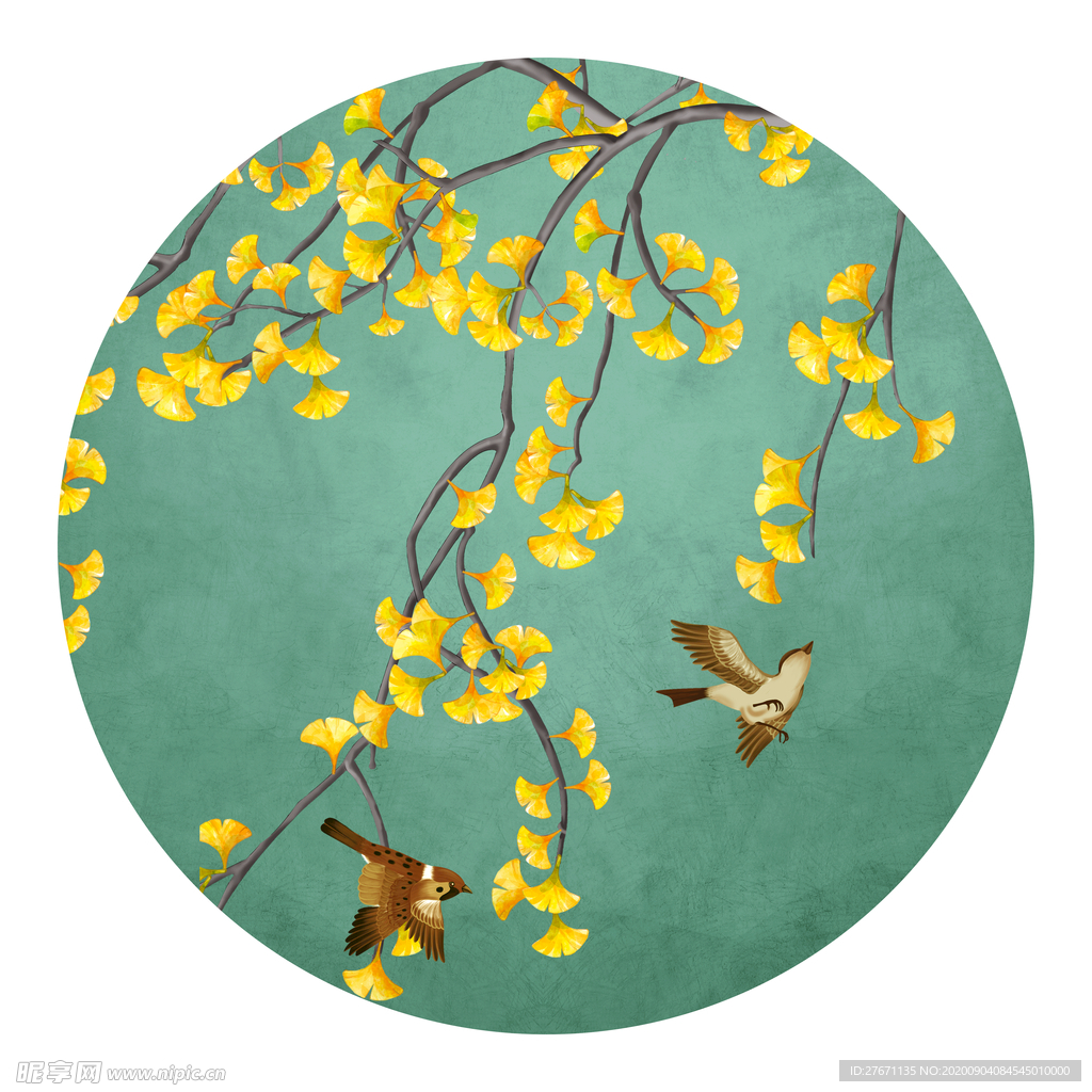 银杏花鸟中式圆形装饰画