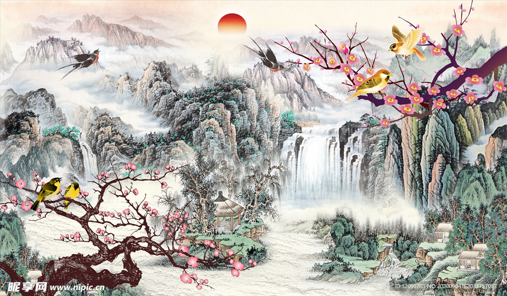 花鸟画 山水画 背景墙