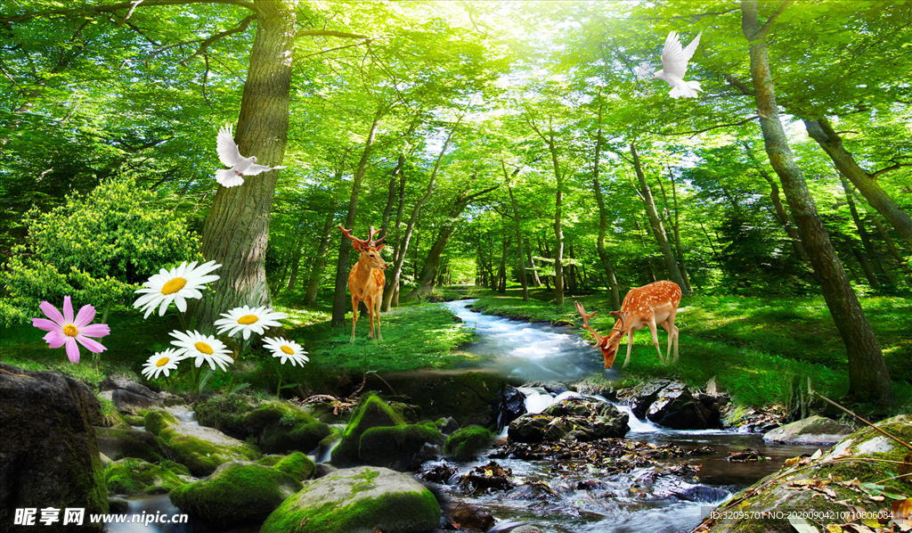 山水画 树林 鹿 背景墙