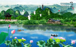 山水画 亭 小船 背景墙
