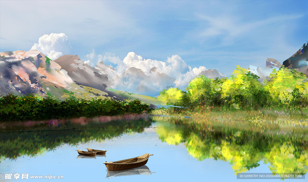 山水画 小船 背景墙