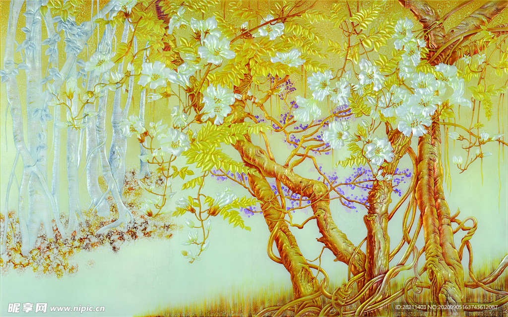 鎏金树金色树木背景墙装饰画