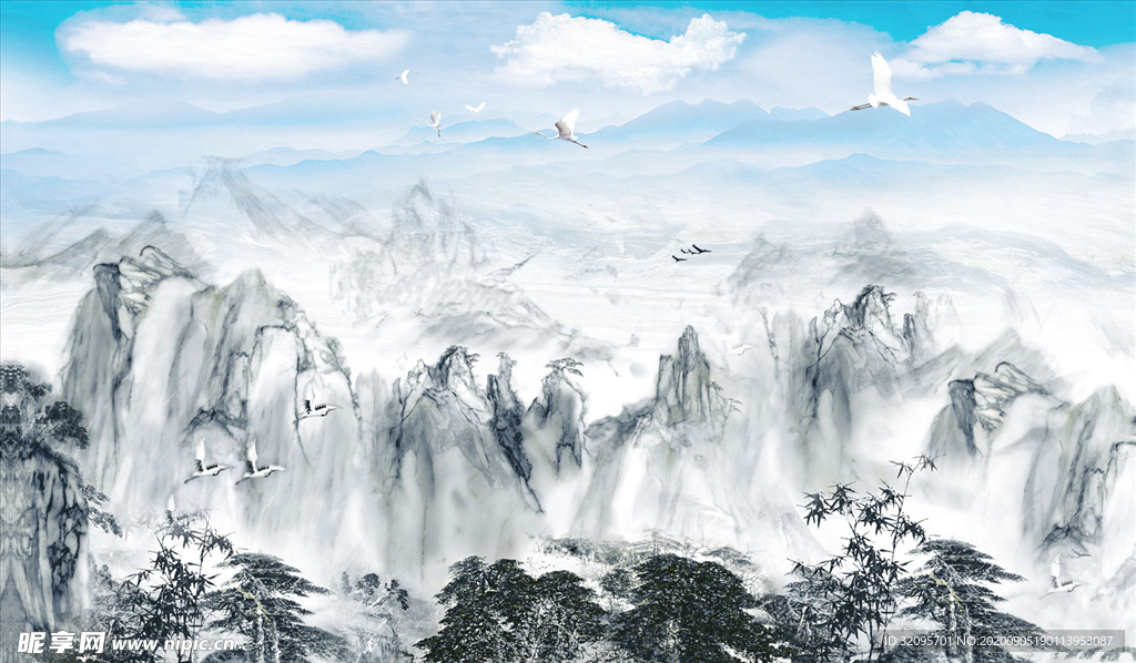 水墨山水 竹子背景墙