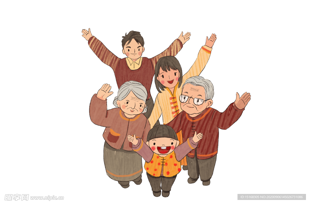 手绘开心团聚一家人合照素材