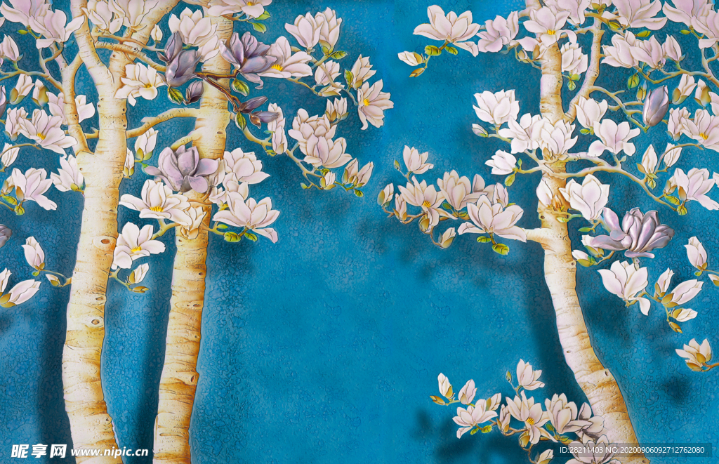 蓝色背景牡丹花时尚简约装饰画