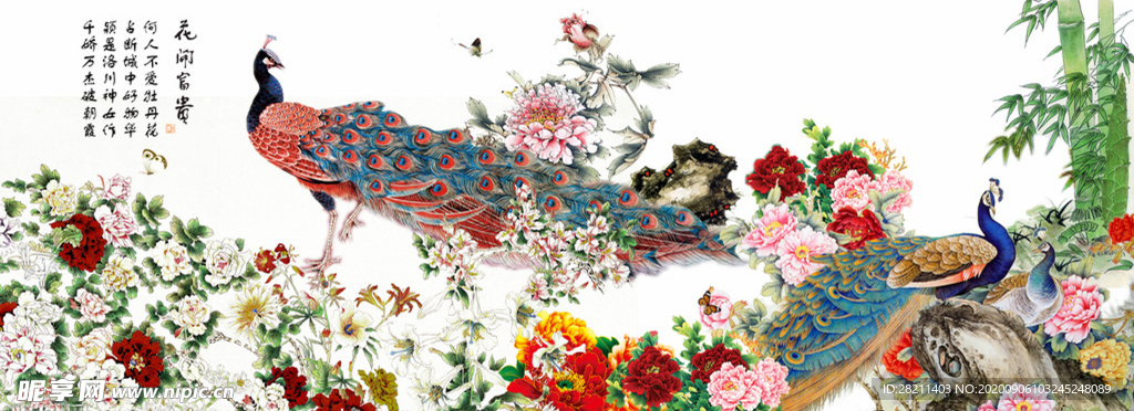 花开富贵群鹤朝阳牡丹花富贵竹