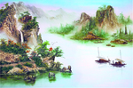 山水画水墨画油画风景湖水船只