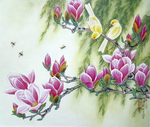 油画栀子花小鸟