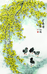 迎春花小鸡手绘古画装饰画