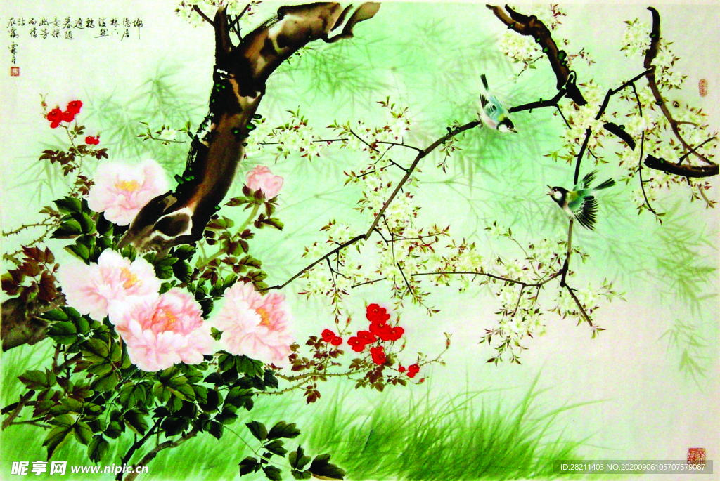 手绘水墨画牡丹花