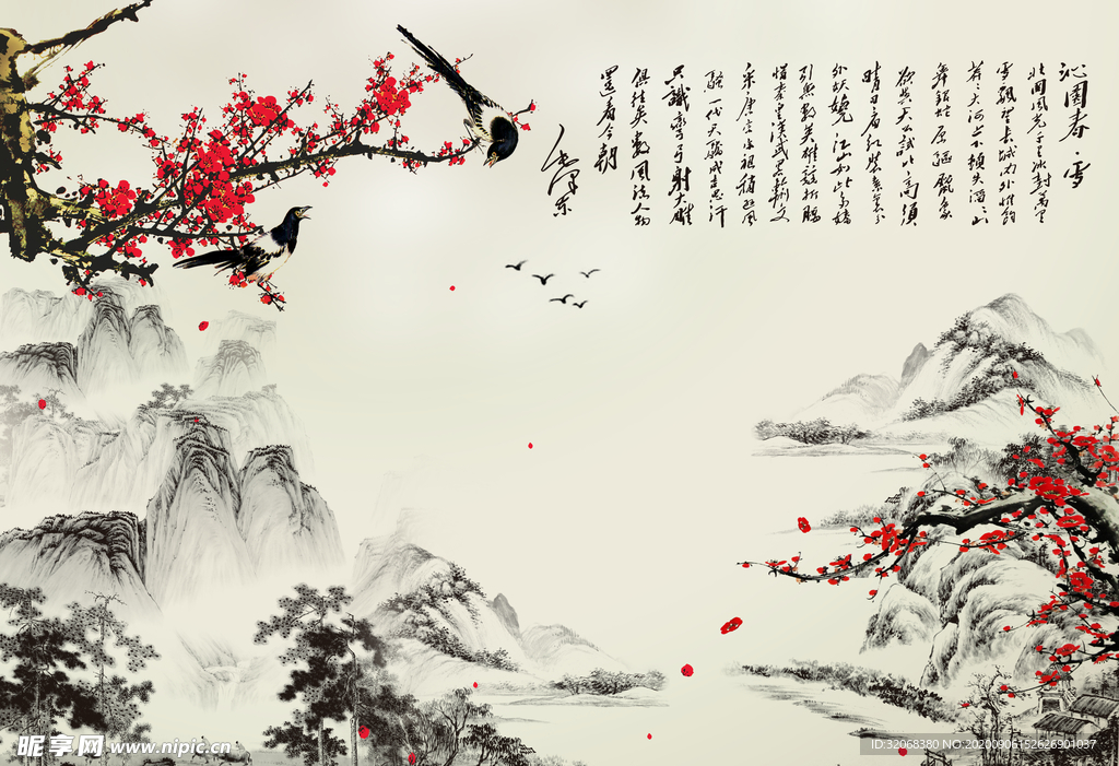 工笔花鸟背景墙装饰画