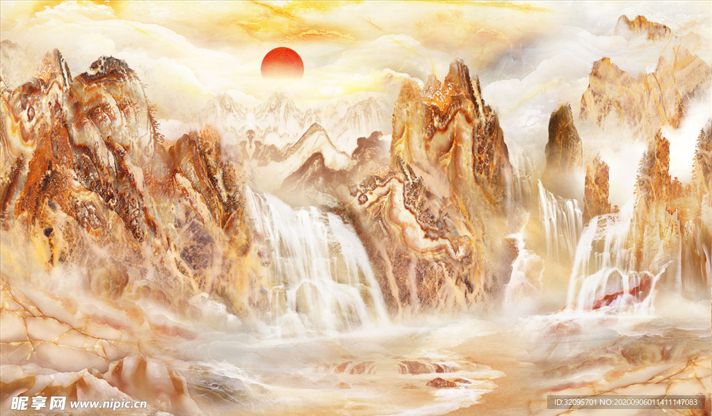 山水画 太阳 背景墙