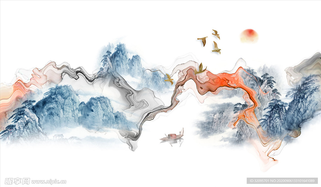 水墨画 小船背景墙