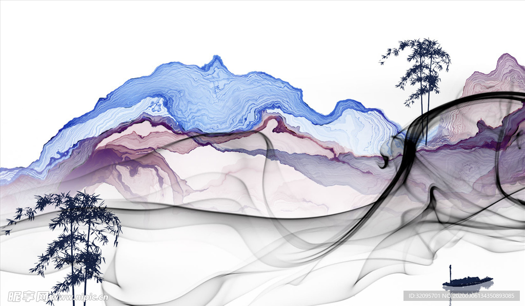 水墨山水小船背景墙