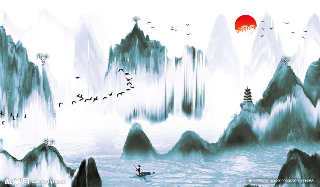 水墨山水 小船 背景墙