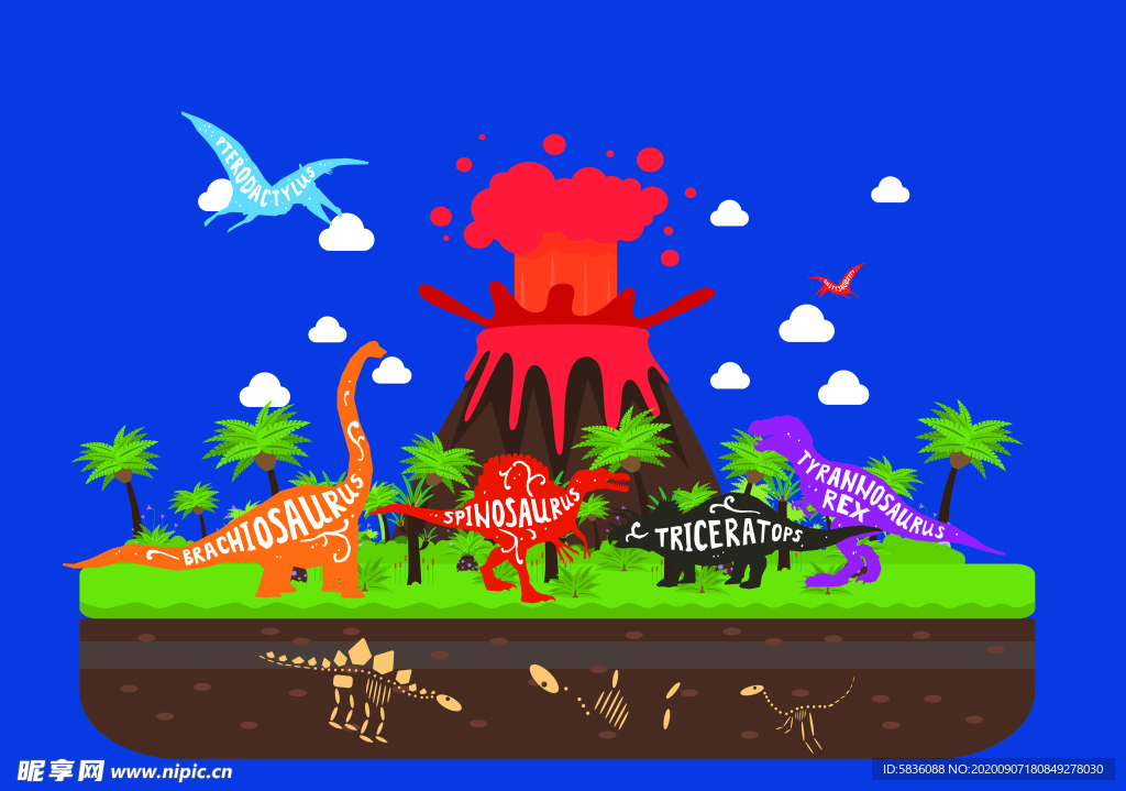 恐龙漫画火山爆发卡通装饰图