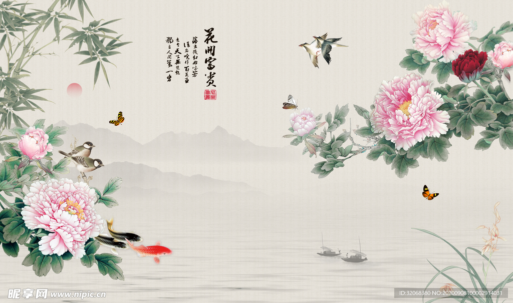 工笔花鸟背景墙装饰画