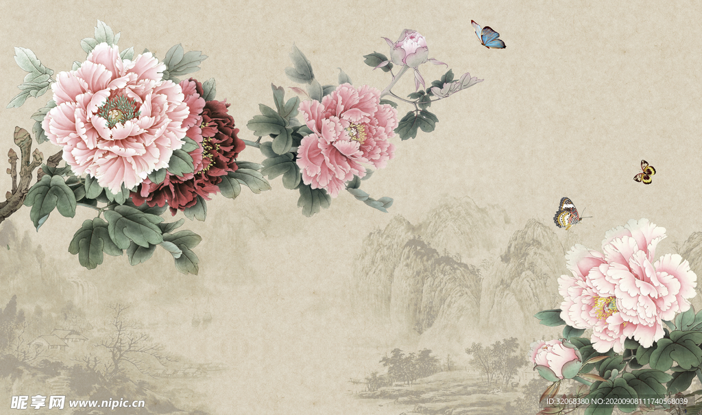 工笔花鸟背景墙装饰画