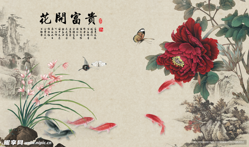 工笔花鸟背景墙装饰画