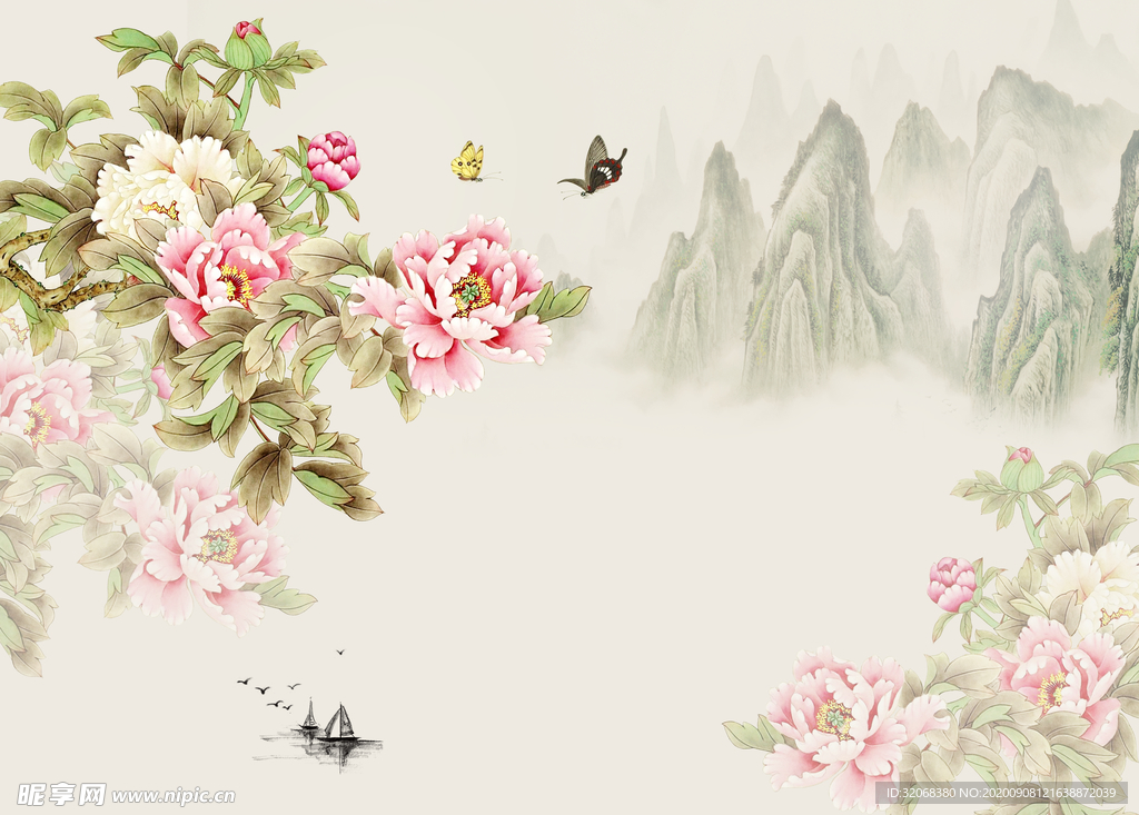 工笔花鸟背景墙装饰画