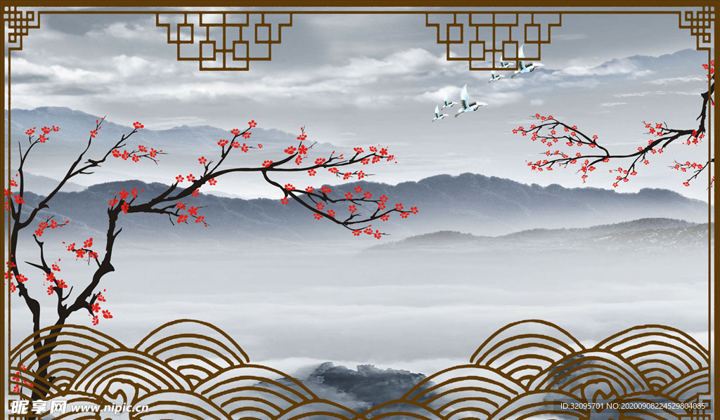 水墨山水 梅花 背景墙