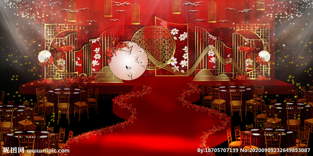 中式背景婚礼红色婚礼舞台