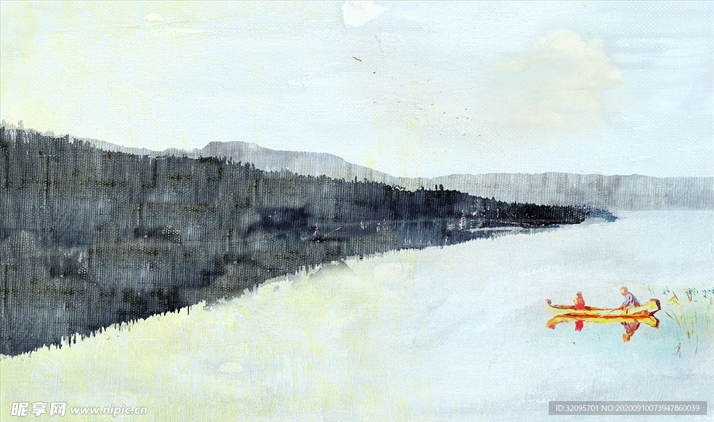 山水画 小船 背景墙