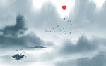 水墨山水 小船 背景墙