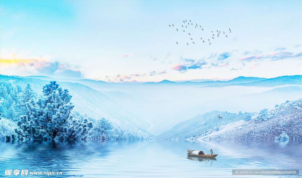 水墨山水 小船  背景墙