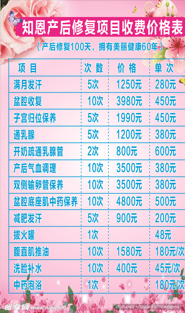产后修复价目表