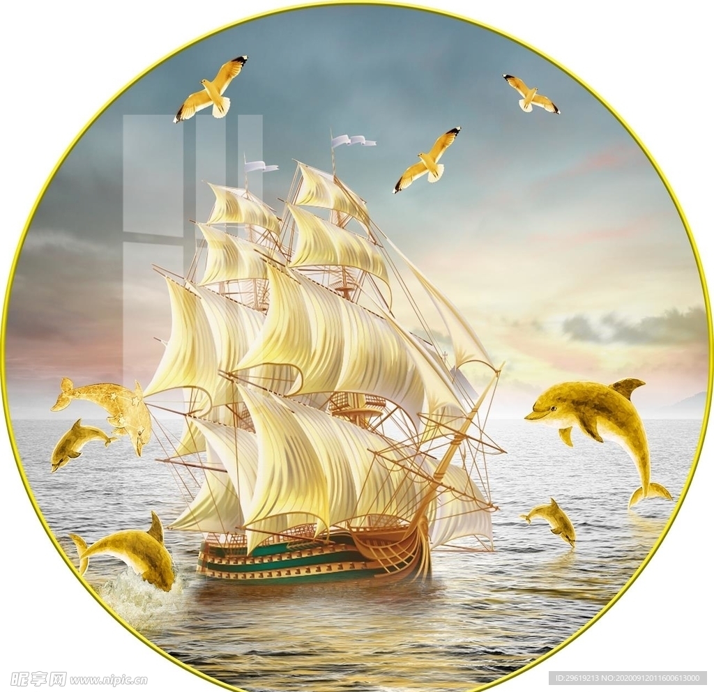 轻奢大海意境帆船海豚圆形装饰画