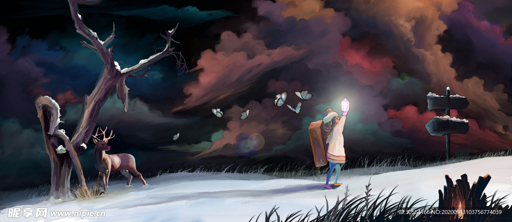 人物少女冬季唯美插画卡通背景