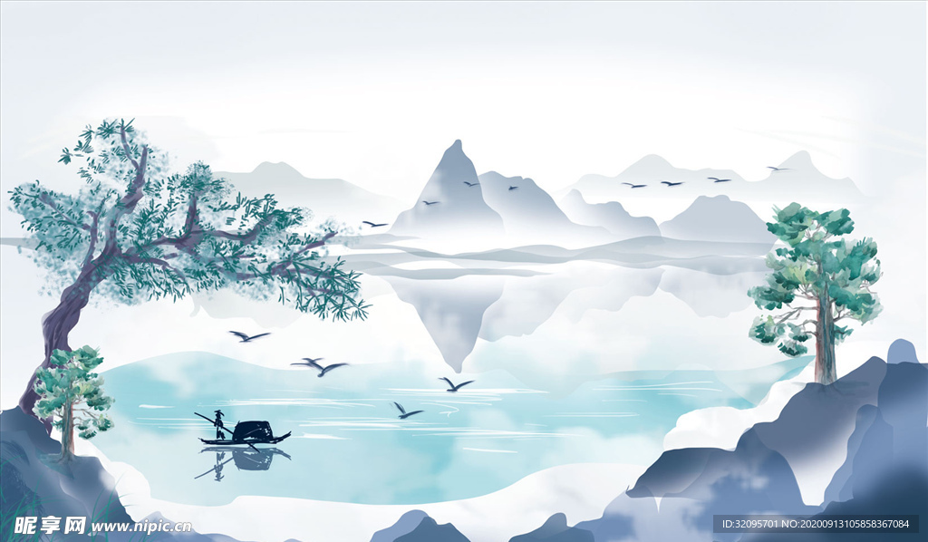 水墨山水 小船 树 背景墙