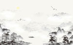 水墨山水 小船 背景墙