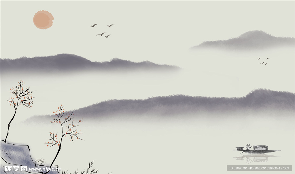 水墨山水 小船 太阳 背景墙
