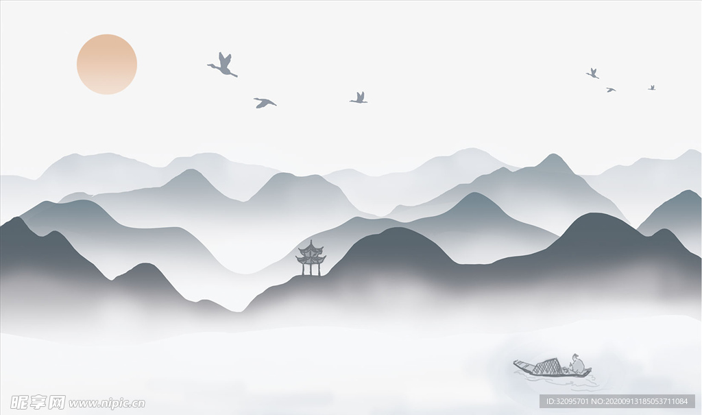 水墨山水 小船 大雁 背景墙