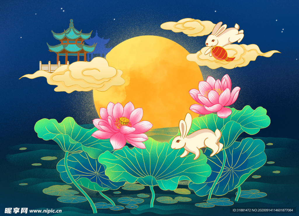 中秋荷花玉兔插画