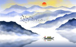 飞鸟水墨山水画背景墙