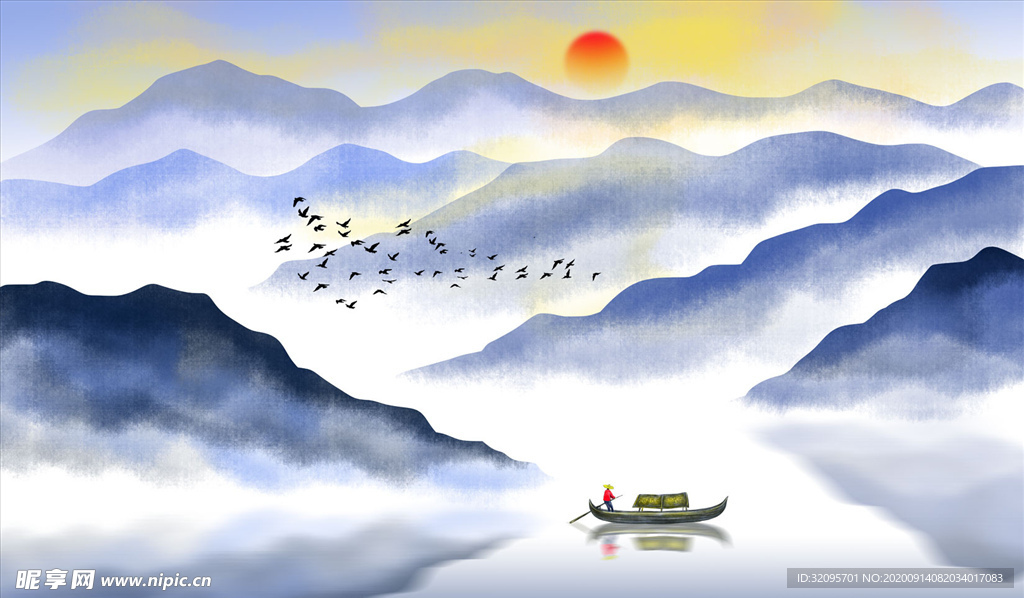 飞鸟水墨山水画背景墙