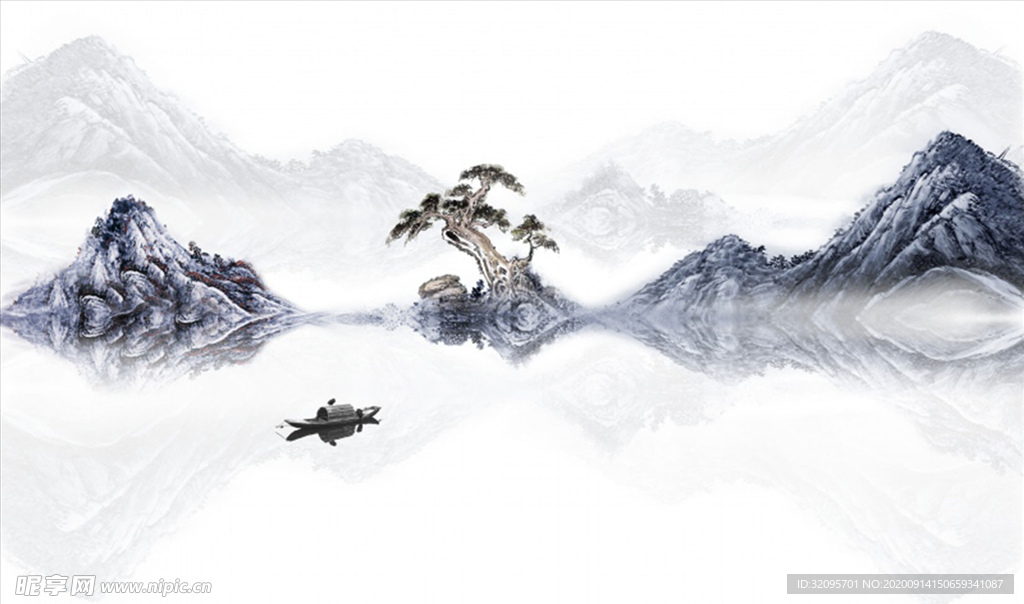 水墨山水 小船 背景墙