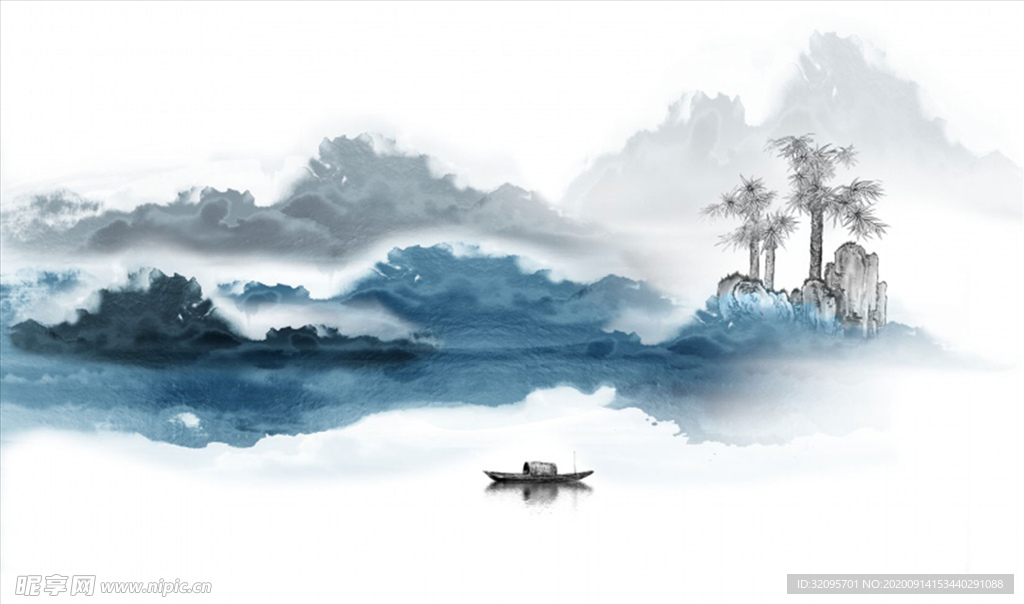 水墨山水 小船 背景墙
