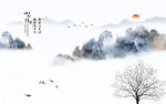 水墨山水 小船 意境背景墙