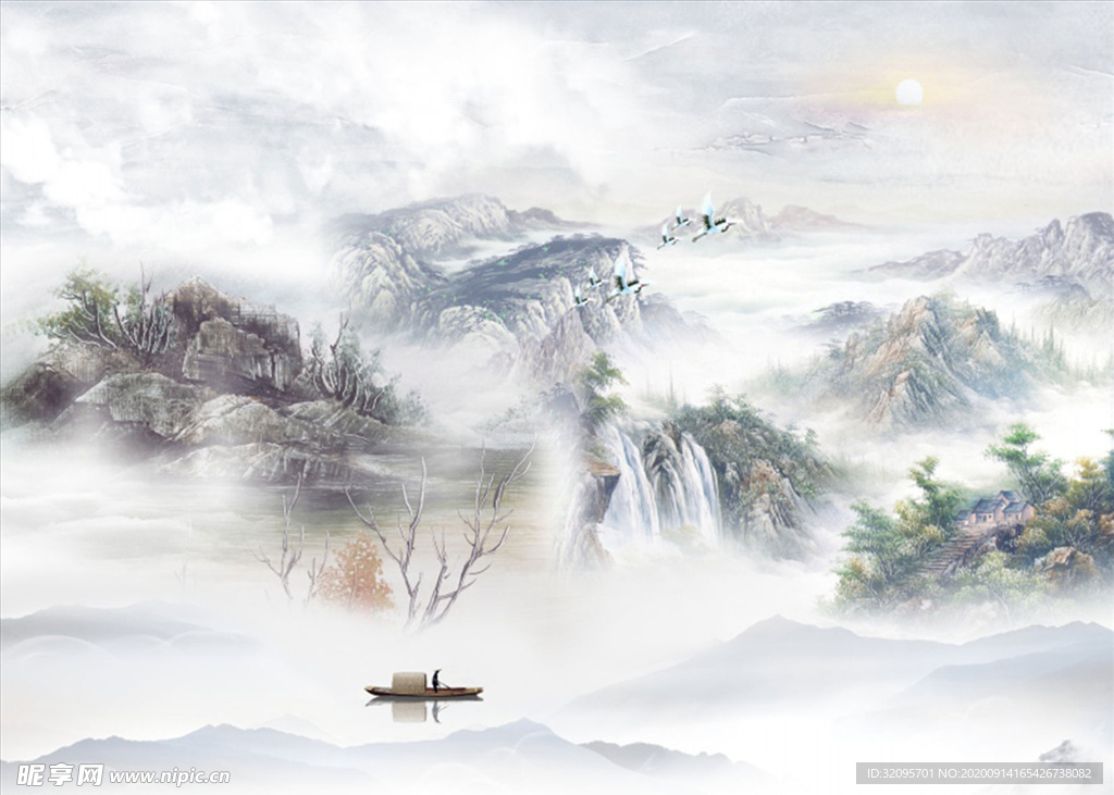 水墨山水 小船 鹤 背景墙