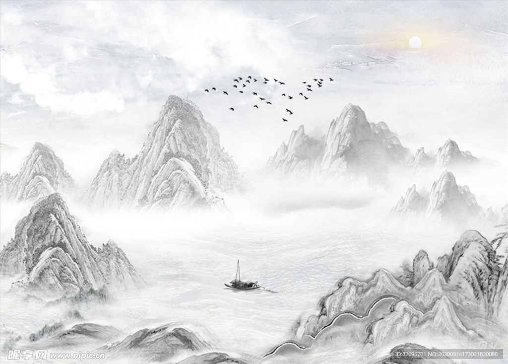 水墨山水 小船 背景墙