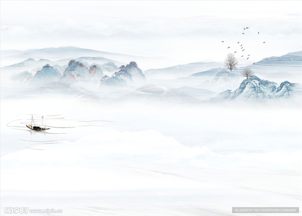 水墨山水 小船 背景墙