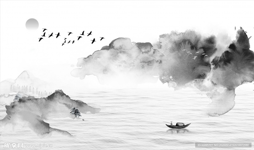 水墨山水 小船 背景墙