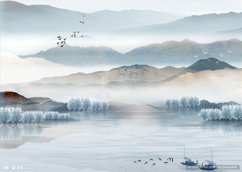 水墨山水 小船 背景墙