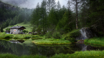 山谷木屋河流森林风景